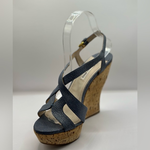 MIU MIU - Leather and Cork Platform Wedges in Jean Blue - Picture 2 of 7